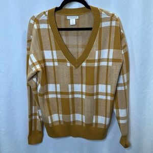 Christian Siriano v-neck gold/white plaid sweater.  Sz L.  EUC